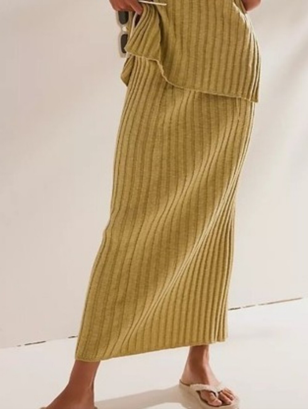 FP Beach Veda Ribbed Knit Midi Skirt in Palm Leaf Wasabi Green M